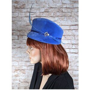 Vintage Cloche Hat PASADENA USA Blue Velvet & Feather Original Box